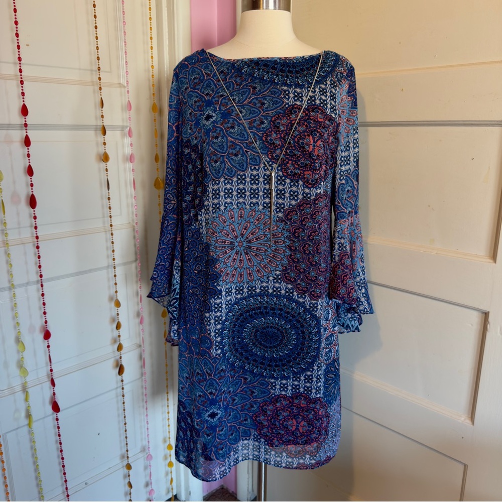 Vintage Chiasso Blue Pink Abstract Bell Sleeve Shift Dress Size 8 Boho *SALE*